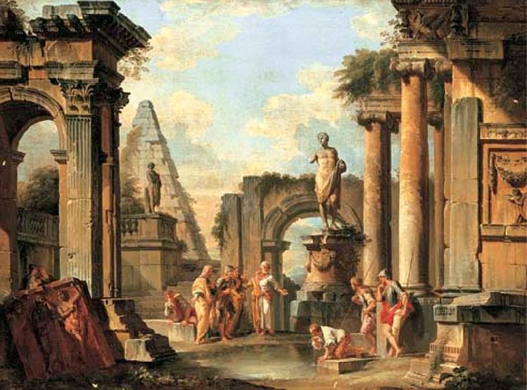 Giovanni Paolo Panini A capriccio of classical ruins with Diogenes throwing away his cup oil painting picture